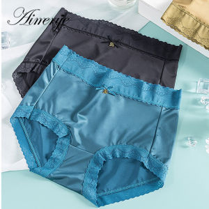 Aimerye กางเกงในผ้าไอซ์ซิลค์เอวปานกลางลูกไม้ชุดชั้นในผ้าซาตินสไตล์ฝรั่งเศสแห้งเร็วกางเกงในใส่สบายไร้รอยต่อ