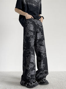 Loose Straight Leg Dragon Pattern Jeans Mens Casual Comfortable Retro Chinese Style Denim Trousers for Teenagers And Adults