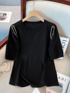 plus Size Womens Summer New Fashion Conceal Belly Loose Short Sleeve Heavy Embellishment T-Shirt Korean Style Creative Pattern