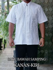 BAJU KOKO BORDIR WARNA PUTIH PRIA LENGAN PENDEK KOKO PRIA MODEL TERBARU SAKU BAWAH SAPING KANAN KIRI