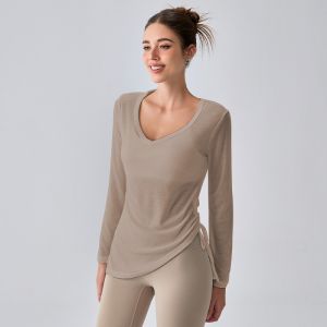 Mitaogirl Long Sleeve Mesh Yoga Fitness Clothing Loose Womens Sportswear Quick Dry Breathable T-Shirt for Gym And Yoga