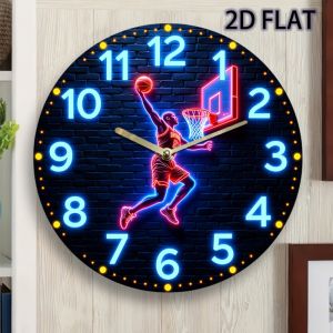 2D Silent 12-Inch Basketball Dunk Wall Clock Acrylic Quartz Movement for Bedroom Kitchen Decor Gift for Sports Fans