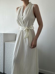 Elegant Korean Style Summer French Cross V-neck Sash Waistless Sleeveless Vest Dress Midi Skirt High Waist Polyester Fiber