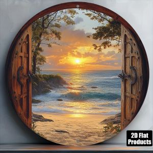 CIFbuy | 2D Beach Sunset Round Metal Wall Art 8x8 Inch Coastal Decor Sand Waves Rustic Farmhouse for Home Kitchen Cafe Office