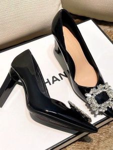 รองเท้าส้นสูงหัวแหลมสีเปล่าสำหรับผู้หญิง ฤดูใบไม้ผลิและฤดูร้อน 2025 รองเท้าส้นหนาแบบสวมหัวแหลมสไตล์เกาหลีแบบสวมสบายสำหรับใส่ทำงาน