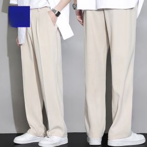 ROMON | Lormen Mens Summer Casual Pants Ice Silk Thin Loose Straight Leg Elastic Drape Versatile Long West Style Polyester Fiber