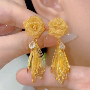 925 Silver Needle Gold Rose Leaf Tassel Earrings Women Luxury Fashion Ear Studs New Style High-End Feeling Ear Jewelry