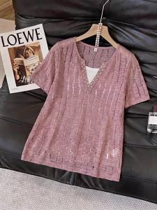 UYFY | Pink V-Neck Short Sleeve Sweater Slim Fit Summer Elegant Casual