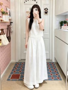 SENWA | Stylish White Sleeveless Top and Wide Leg Pants Set