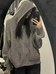 เสื้อคาร์ดิแกนถักมีซิปแบบมีฮู้ดหลวมๆ สำหรับผู้หญิง ฤดูใบไม้ร่วง/ฤดูหนาว สไตล์เกาหลี ลำลอง สำหรับนักเรียน เสื้อคลุมกันหนาวแบบใหม่
