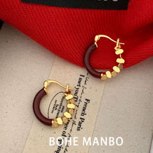 Ankela Red Splice Circle Earring Retro Hong Kong Style Wine Red Earrings Fashionable Geometric Alloy for Women  out