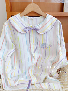 ชุดนอนผู้หญิงแขนยาวลายทางสีสันสดใส ชุดนอนผู้หญิงผ้าฝ้ายสองชั้น ลายตุ๊กตาฉลาม ชุดนอนสไตล์เกาหลี ชุดนอนฤดูร้อน