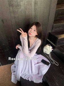 Rossaun Sweet Gentle Purple Set Sleeve Long Dress Loose A-Line Skirt V-Neck Casual Workwear Fashion plus Size Spring Dress