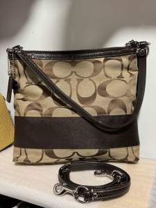 Preloved authentic Signature C chocolate Brown Striped Leather Trim 2way crossbody shoulder bag