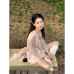 เสื้อเชิ้ตแขนยาวป้องกันแสงแดดสำหรับผู้หญิงในช่วงฤดูร้อน เสื้อเชิ้ตผู้หญิงแขนยาวบางโปร่งใสสไตล์หวานๆ แขนโคมไฟ เสื้อผ้าทำงานสไตล์เรียบง่าย