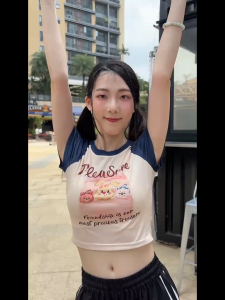 HBHR Womens Crop Top Womens T-shirt Summer Block Color Short Sleeve Slim Fit Korean Style For Women