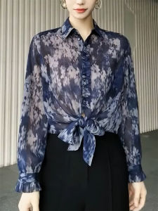 QINGNAER | Fitted Floral Thin Translucent Turn-Down Collar Plus Size Elegant Slimming Shirt