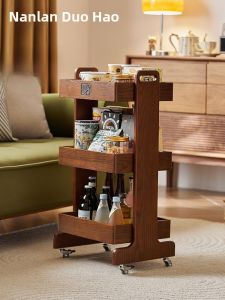 Mobile Beverage Storage Rack with Wheels Snack Drink Organizer Multi-Layer Shelf Space Saver Cart Free Standing Rubber Wood