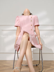PlumJan | Đầm cổ tròn tay bồng phong cách Pháp màu hồng