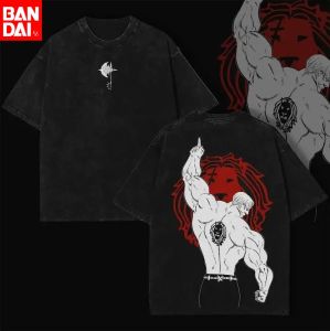 Vintage Washed Black Anime T-Shirt for Men Escanor The Seven Deadly Sins Graphic Tee Oversized Streetwear Short Sleeve Gym Tees