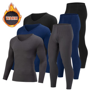 2-piece Autumn And Winter Mens Small V-neck Solid Color Warm Underwear Set Comfortable Large Bottom Shirt Versatile Sleepwear