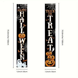 Happy Halloween & Trick or Treat Door Banner Set Pumpkin Ghost Spider Web Porch Signs for Halloween Decor