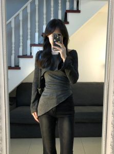 Áo Len Dệt Kim Phong Cách Hàn Quốc Gợi Cảm Dành Cho Nữ Với Thiết Kế Không Đều Cổ Điển Và Cảm Giác Cao Cấp Tay Áo Dài Hút Ẩm Lớp Lót Cotton Áo Thun Ôm Vừa Vặn