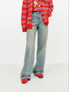 MO&Co. | Retro Hand Rubbed Silver Powder Denim Trousers Low Rise Loose Straight