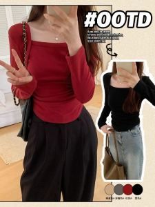 Red Wine Color Short Sweet And Spicy Womens T-shirt Early Spring Autumn Irregular Square Collar Long Sleeve Base Shirt