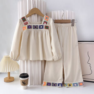 เสื้อผ้าเด็กผู้หญิงลายหมีผ้าถักปักลายดอกไม้ชุด2ชิ้นเสื้อและกางเกงแขนยาวชุดลำลองลูกไม้ฤดูใบไม้ร่วง