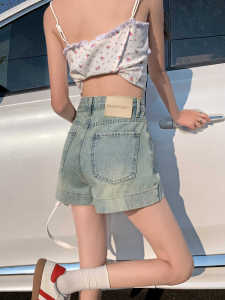 กางเกงขาสั้นยีนส์สีฟ้าอ่อนเอวสูงสำหรับผู้หญิง กางเกงขายาวทรงเอขาบาน ทรงสลิมฟิต กางเกงขายาวทรงเอสำหรับผู้หญิง