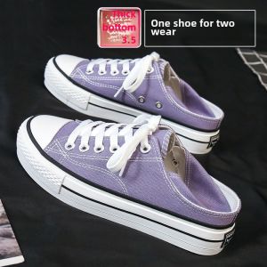 2025 New Spring Thick Bottom Canvas Shoes Womens Slip-On Purple Heightening Platform Student Two-Way Wear Footbed Flat Shoes