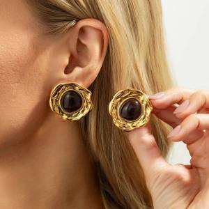 KunJoe Vintage Inlaid Resin Big Round Stud Earrings for Women Elegant Irregular Geometric Gold Color Earrings Jewelry Accessory