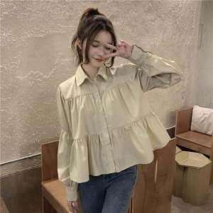 Kemeja Wanita Lengan Panjang Polos Longgar Pakaian Kerja Bisnis Lengan Puff