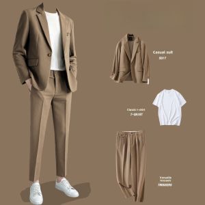 ลำลอง Coffee Brown Mens ชุดสูท Set หลวม อินเทรนด์ Light มีความเป็นผู้ใหญ่ Style Long Sleeve Teenager ชุดสูท Able Four Seasons Jacket เสื้อแจ็คเก็ต
