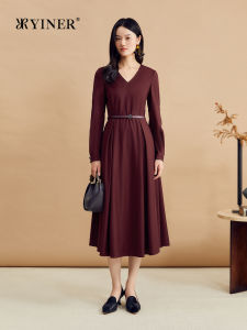 French Style V-Neck Silk-Wool Waist Cinching Dress
