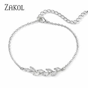 ZAKOL Lá Cubic Zirconia Vòng Tay Nữ Cô Gái Ba Màu Sắc Cưới Cô Dâu Trang Sức Thời Trang Đồng Chuỗi Liên Kết