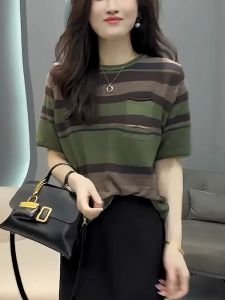YUFUQING | Casual Stripe Retro Short Sleeve Round Neck T-Shirt Womens Summer New Design Lightweight Loose Personality Top Polyester Fiber