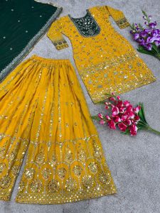 [PRE-ORDER] Ready Made  Faux Georgette With Heavy Embroidery Plazzo ( Delivery 15 Days )