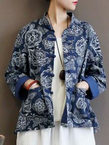 Retro Print Cotton Linen Jacket Womens Autumn Button up Long Sleeve Stand Collar Chinese Style Top Commute Loose Fit Regular Sleeve Length
