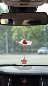 Cowboy Hat Car Rearview Mirror Pendant Flower Charm Alloy Hanging Ornament French Romantic Auto Interior Decor for Women
