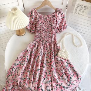 Spring Summer 2022 New Retro Vacation Style One-Word Collar Short Sleeve High Waist Slim Fit Midi Dress for Women