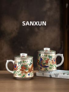 SANXUN | Couple Tea Cups Gift For Parents Inlaid Silver Dragon Phoenix