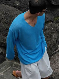 DAVID&ME | Breathable V-Neck Klein Blue Knit T-shirt Spring/Summer Loose Fit