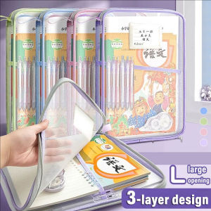 โฟลเดอร์ไฟล์ A4เครื่องเขียนนักเรียนกระเป๋าตาข่ายสำหรับเก็บของรูปตัว L ขนาดใหญ่เปิดกระเป๋าเครื่องสำอางทำการบ้านหนังสือสองซิปความจุขนาดใหญ่