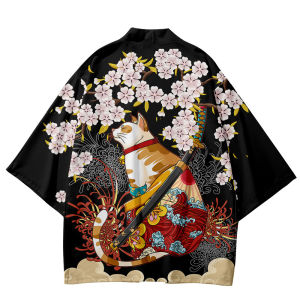 Samurai Haori Áo Cardigan Kimono Nhật Bản Mèo Ukiyo-e Anime Cosplay Nam Nữ Hở Mặt Trước Bông Tai Kẹp Dạo Phố Polyester Kimono