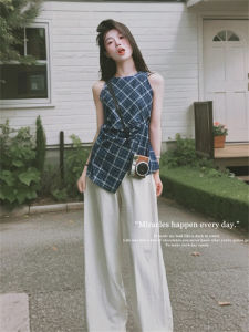 Summer Outfit Youthful Plaid Texture Wide Leg Pants Two Piece Set Fashionable Casual Versatile for Travel And Work