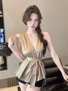 GUZILIAN | Áo vest không tay cổ chữ V kiểu Pháp thắt lưng thanh lịch màu trơn bó sát dài thường ngày mùa hè 2025 Áo vest cổ chữ V thắt lưng