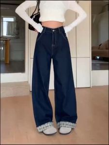 Mrs.huang shop กางเกงยีนส์ขายาวเอวสูงทรงกระบอกใหญ่ ดีเทลพับขาลายโบว์สีฟ้า แนวสวยสุดฮิตวัยรุ่นมากๆ