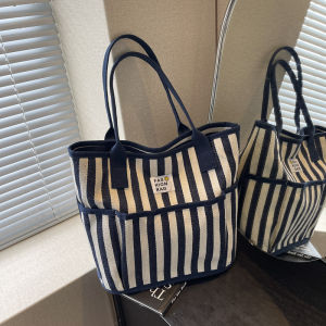 Striped Canvas Tote Bag Women Large Capacity Summer New Casual Commuter Shoulder Bag Double Handle Zipper Closure Soft Body